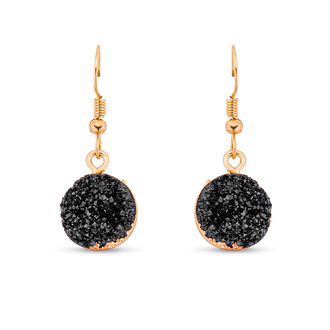 Pera Jewelry 14K Gold Plated Natural Stone Round Earrings, Wrap Dangle Drop Earrings for Women with Gift Box | Minimalist, Tiny Dainty Dangle Earrings Black