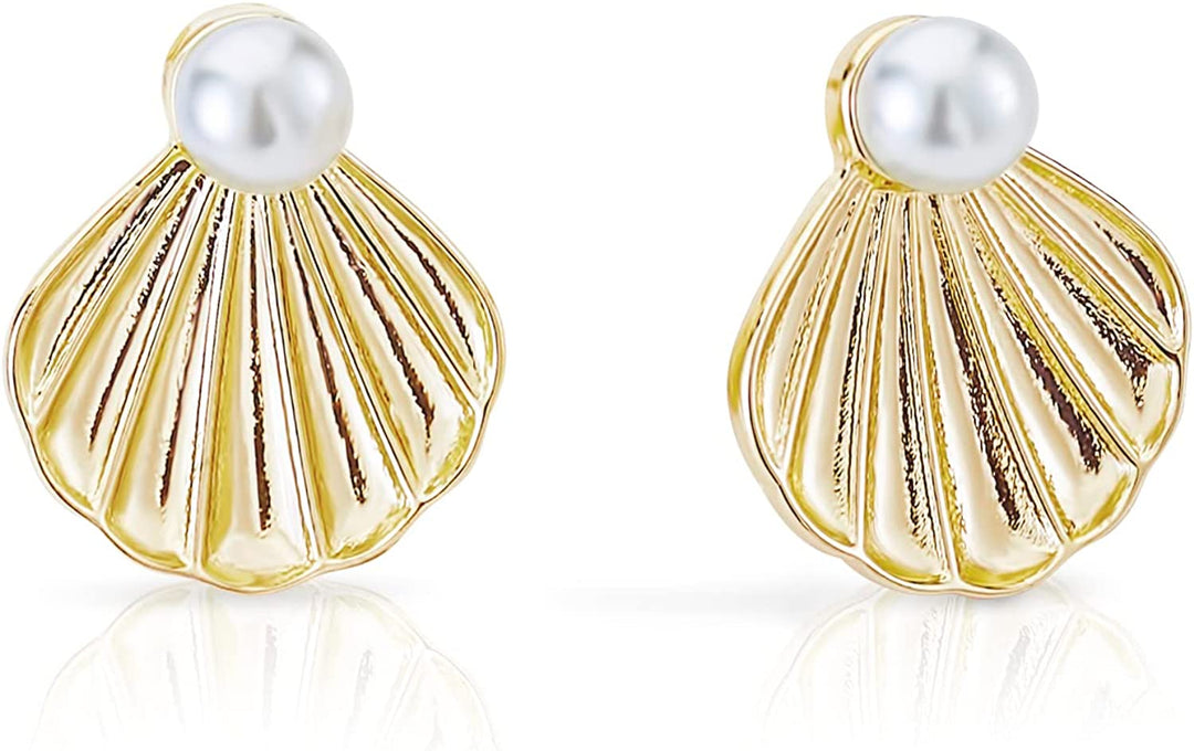 Pera Jewelry 14K Gold Plated Freshwater Cultured Pearl Earrings, Seashell Pearl Earring for Women with Gift Box | Minimalist, Tiny Dainty Pearl Earrings