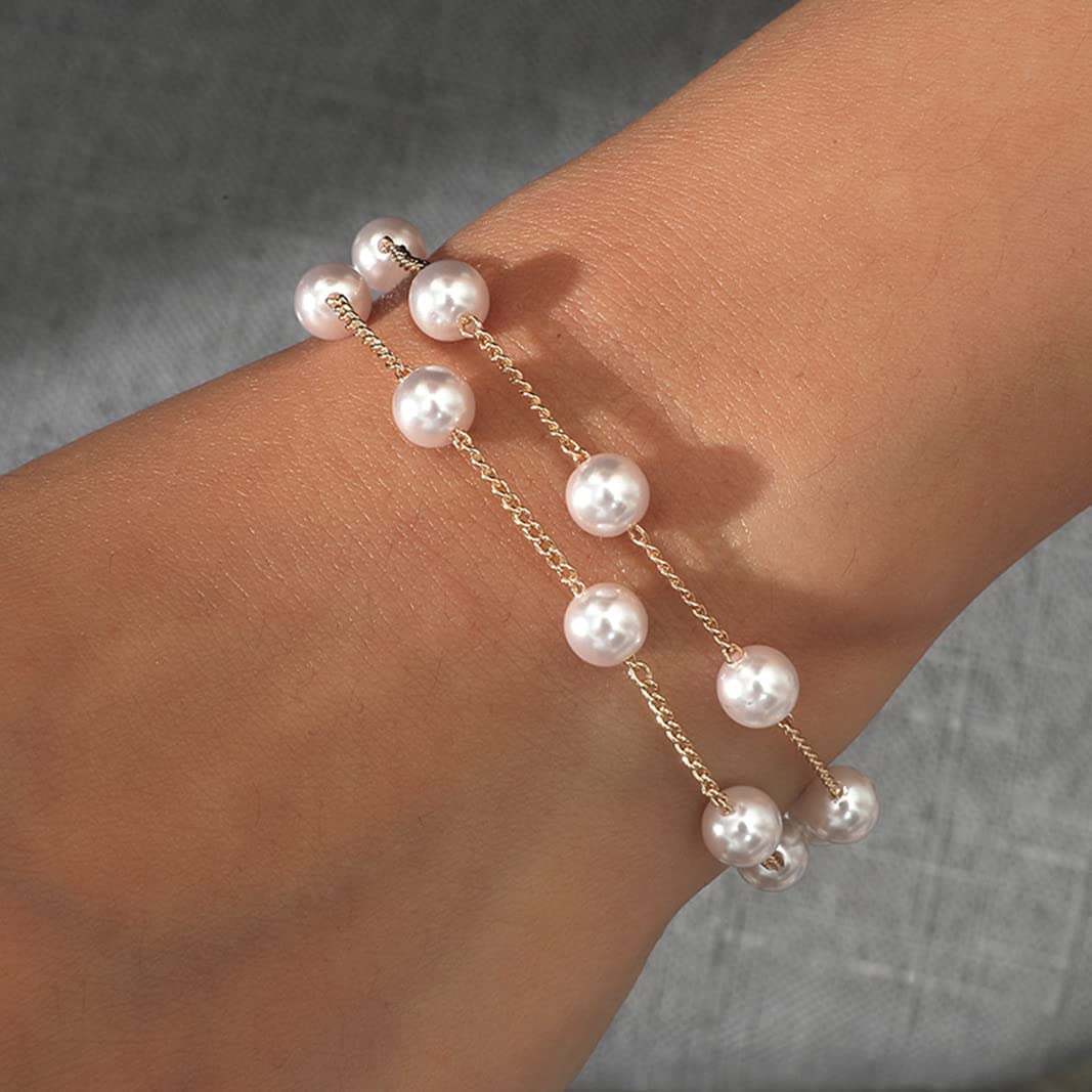 Pera Jewelry 14K Gold Plated Simulated White Pearls Bracelet, Link Adjustable Chain Bracelet for Women with Gift Box, Multilayer Simulated Pearl Bracelet with Chain