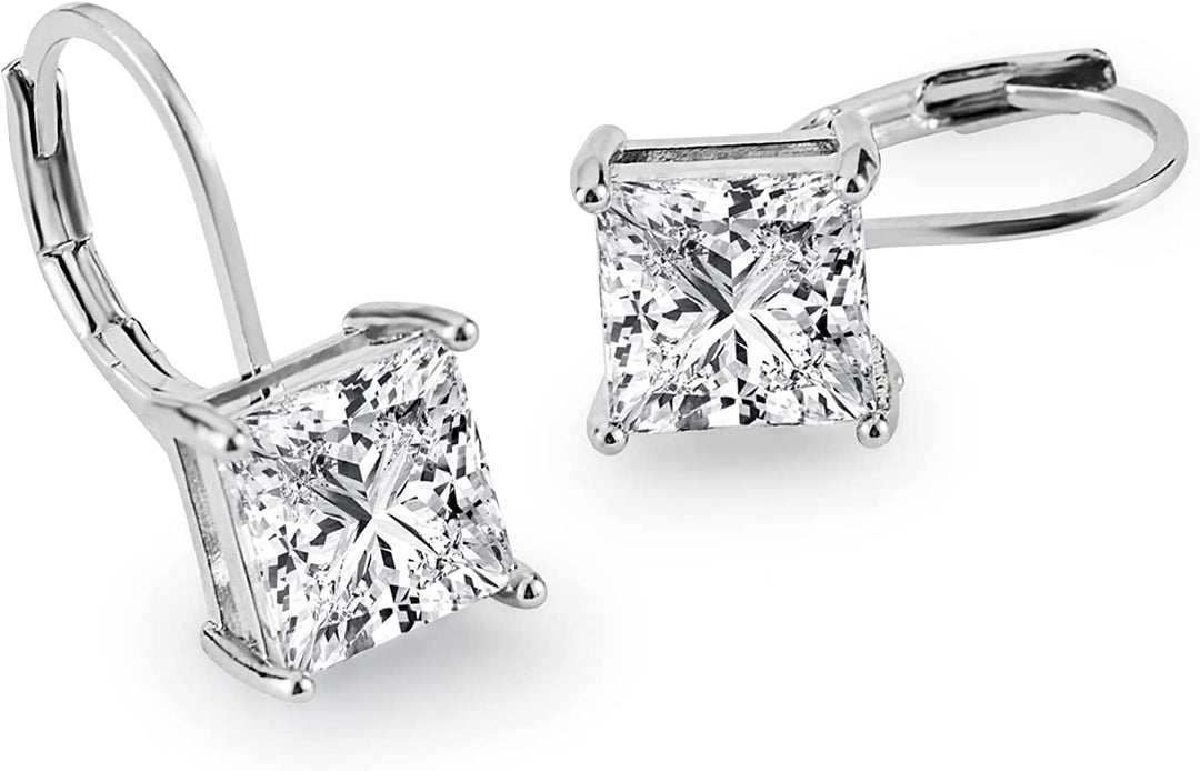 Pera Jewelry Sterling Silver Plated Princess Cut Cubic Zirconia Drop Earrings, Dangle Statement 4 Prong Cz Earrings for Women with Gift Box | Minimalist, Tiny Dainty Earrings