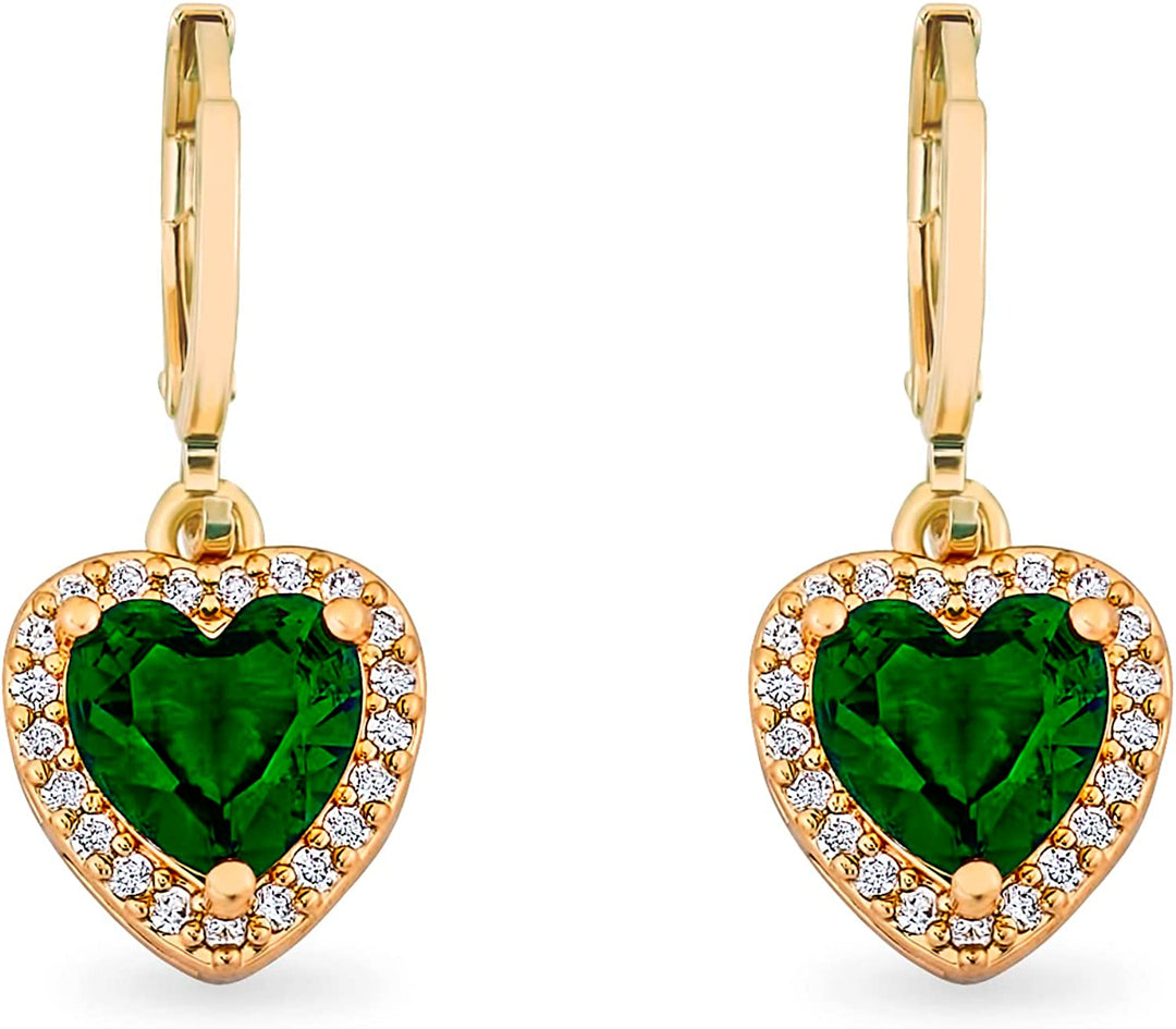 Pera Jewelry 14K Gold Plated Heart Shaped Earrings, Simulated Emerald and White Diamond Drop Earrings, Cubic Zirconia Dangle Earrings for Women with Gift Box | Minimalist, Tiny Dainty Earrings
