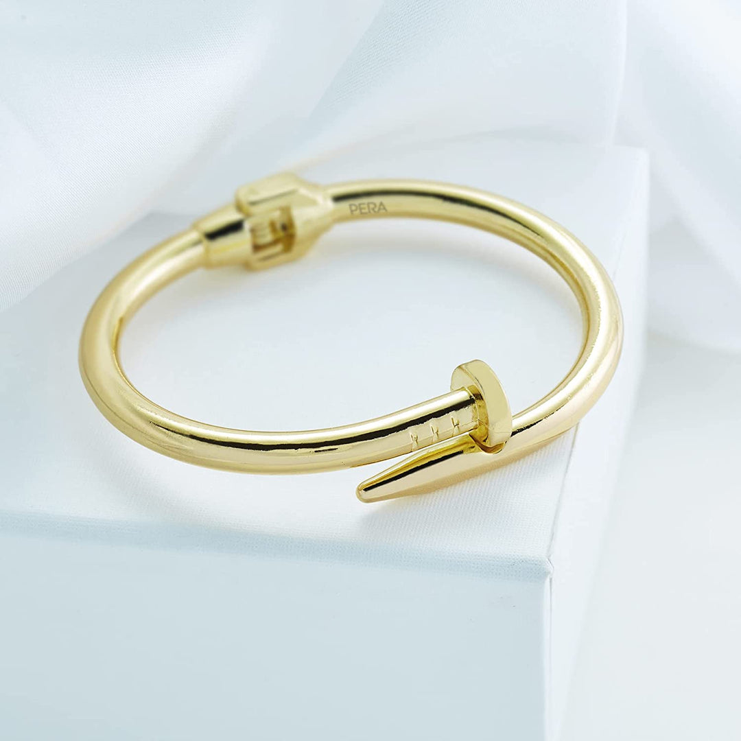 Pera Jewelry 14K Gold Plated Bangle Bracelet, Zirconia Simulate Diamond Bangle, Cuff Bracelets for Women with Gift Box, Buckled Nail Cuff Bold Bangle Bracelet