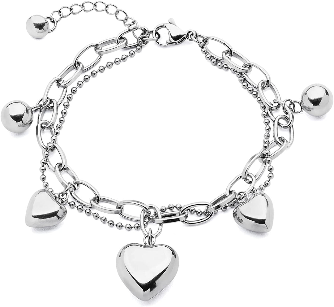 Pera Jewelry 14K Gold and Silver Plated Heart Charms Bracelet Heart Shape Link Bracelets, Zircon Heart Shaped Bracelet Heart Link Layered Chain Bracelet with Gift Box