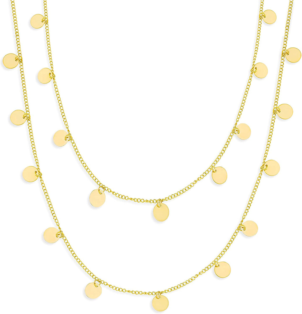 14K Yellow Gold Plated Disc Necklace Multi Station Necklaces Layering Long Gold Necklace, Gold Disk Necklace, Gold Dangling Disc Choker Necklace, Round Disc Pendant Necklace | Dainty Station Jewelry