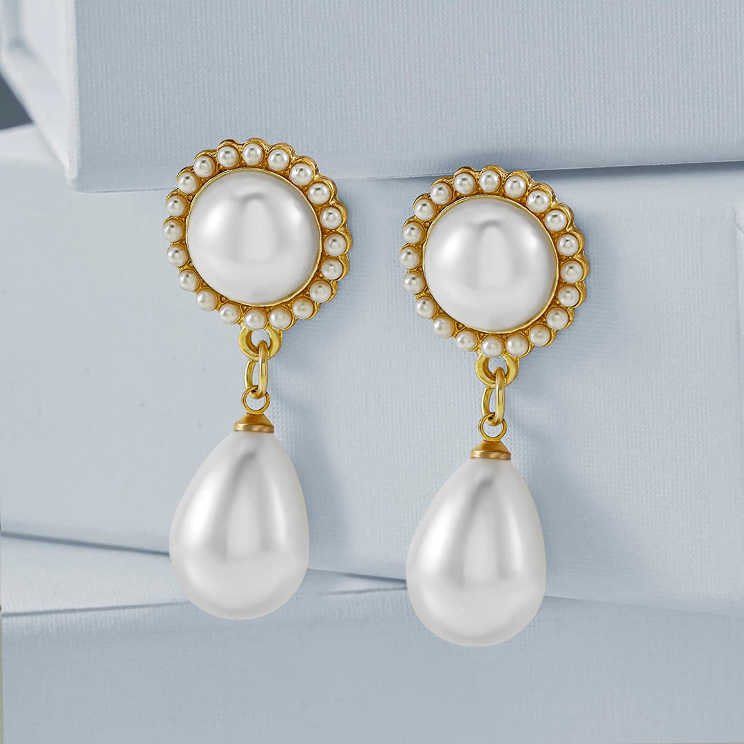 Pera Jewelry 14K Gold Plated Freshwater Cultured Pearl Earrings, Pearl Dangle Stud Earrings, Drop Pearl Earrings for Women with Gift Box | Minimalist, Tiny Dainty Pearl Earrings