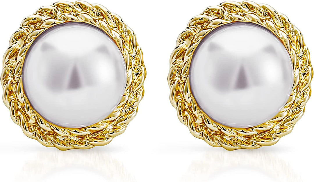 Pera Jewelry 14K Gold Plated Freshwater Cultured Pearl Earrings, Round Pearl Stud Earrings for Women with Gift Box | Minimalist, Tiny Dainty Pearl Earrings