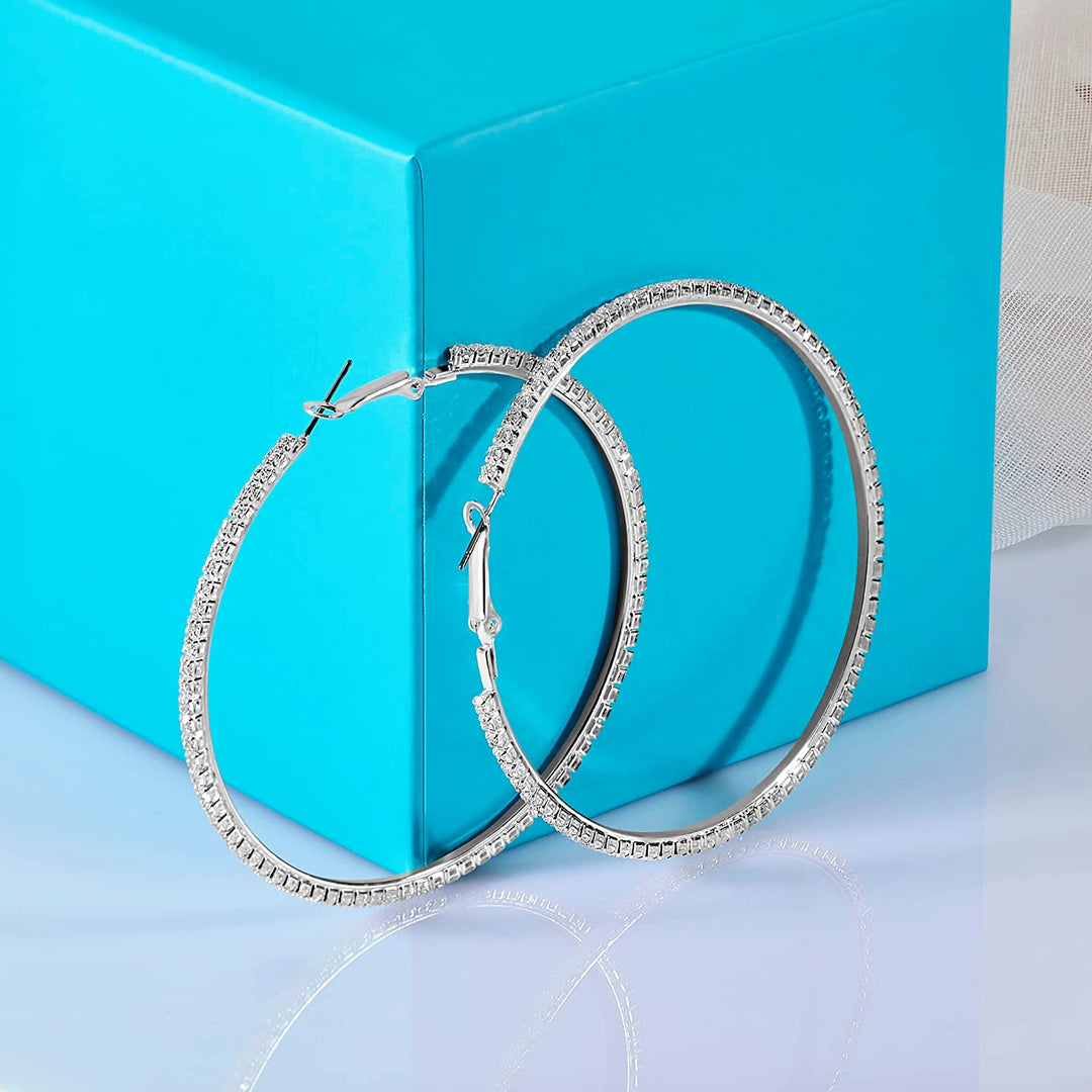 Pera Jewelry Silver Plated Simulated Diamond Cz Hoop Earrings, Exaggerated Big and Medium Size Circle Earrings for Women with Gift Box | Minimalist, Tiny Dainty Earrings Large