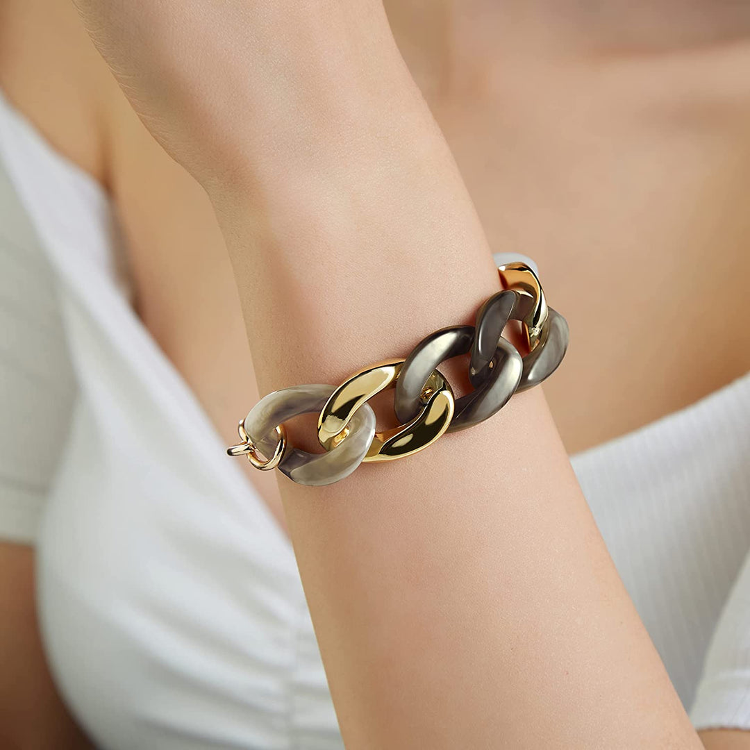 Pera Jewelry 14K Yellow Gold Plated Acrylic Paperclip Chain Bracelet, Thick Cuban Link Bracelets, Boho Oval Chain Link Bracelet Toggle Link Bracelets, Bold Link Chain Bracelets with Gift Box Gold - Black