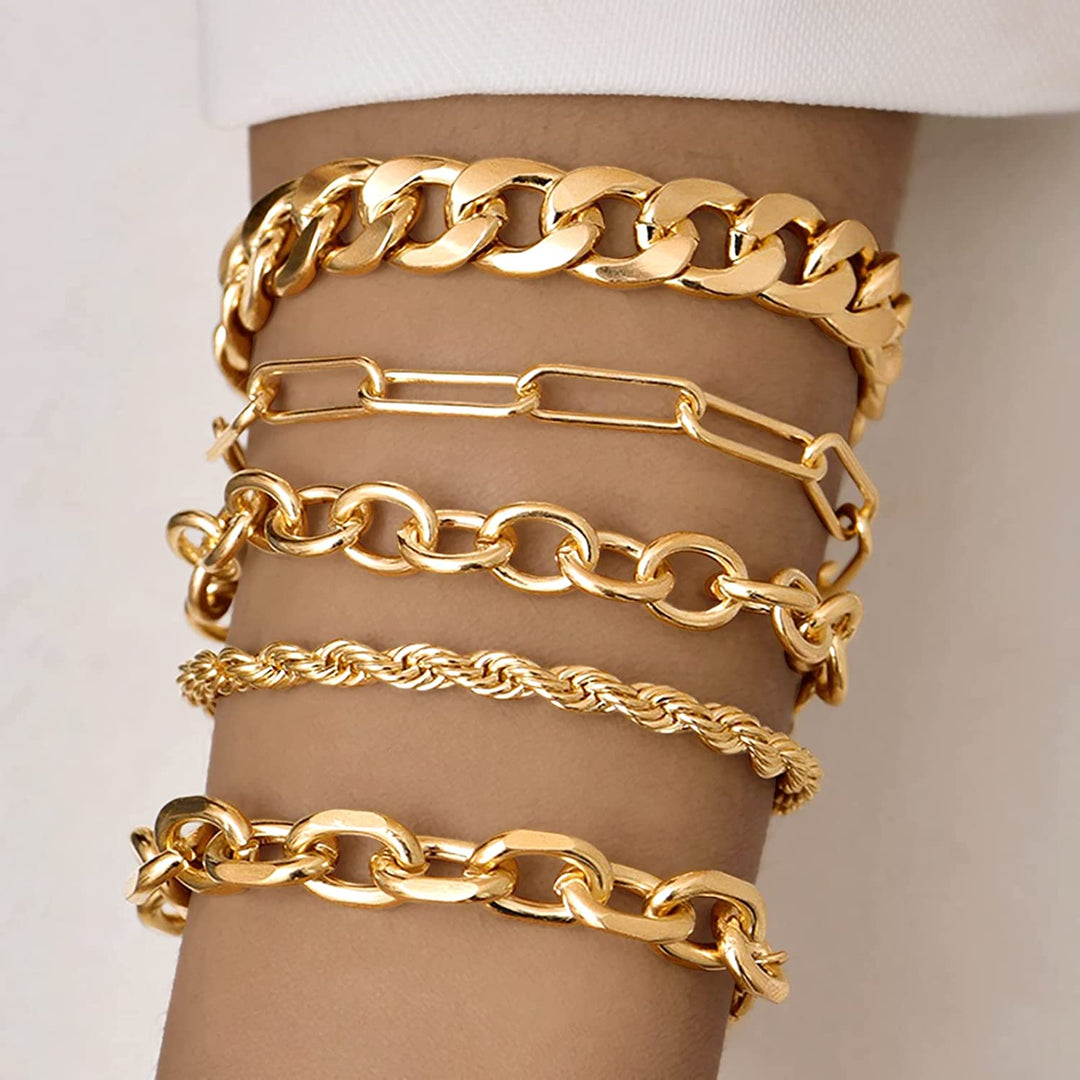 Pera Jewelry 14K Gold and Silver Plated Layered Bracelet Sets, 5 Pieces, Adjustable Layered Link Bracelets Sets, Dainty Link Paperclip Choker Bracelet Cuban Curb Figaro Link Bracelet Sets with Gift Box