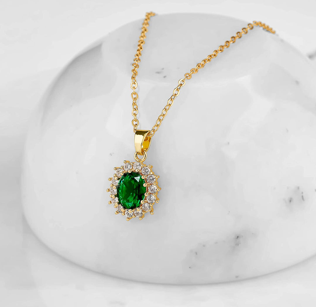 14K Yellow Gold Plated Green Simulated Emerald and White Diamond Pendant Necklace For Women, Oval Created Emerald and Diamond Pendant Chain Necklaces Micro-set Pendant Necklace
