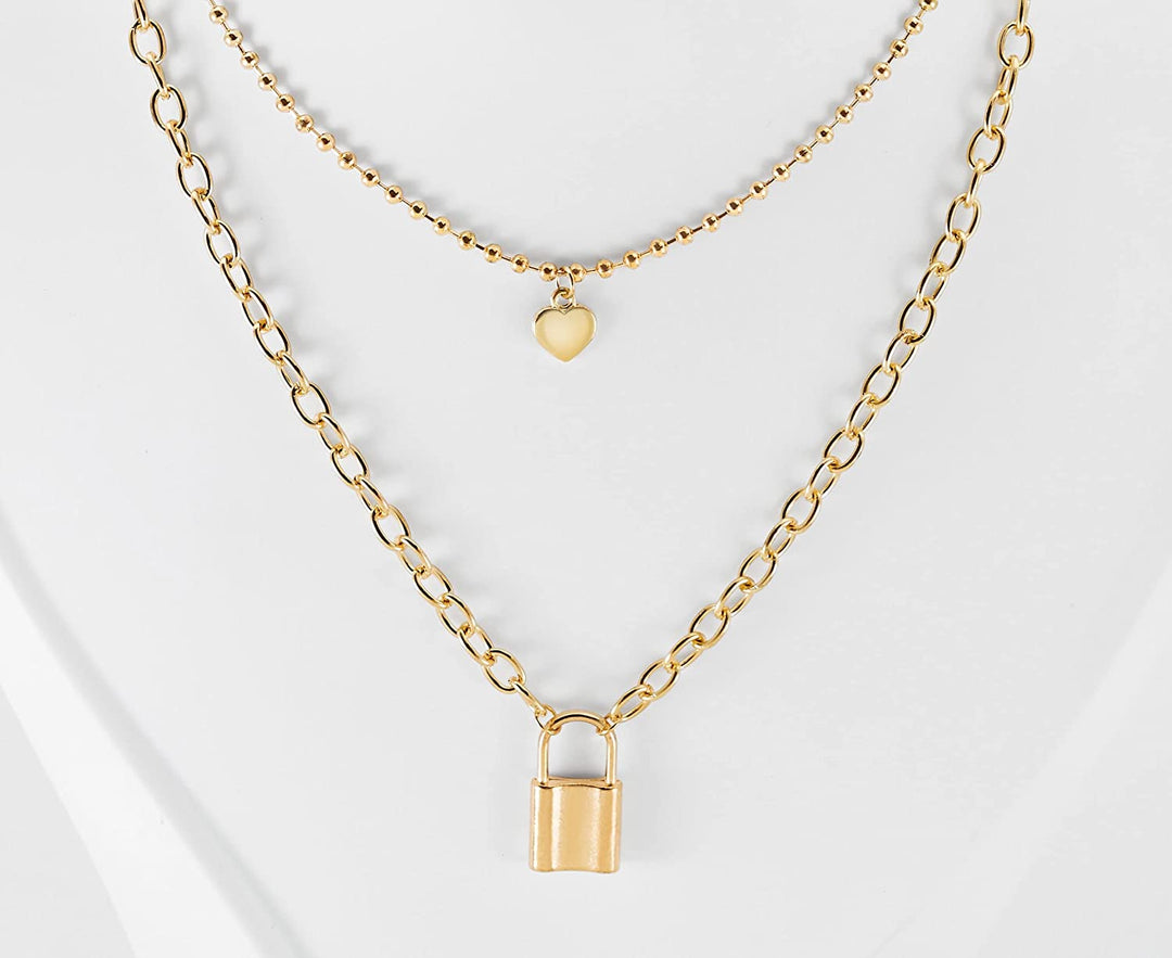 Pera Jewelry 14K Gold Plated Pendant Heart & Lock Necklace for Women with Gift Box | Adjustable Chain, Minimalist, Tiny Dainty Heart & Lock Choker Necklaces