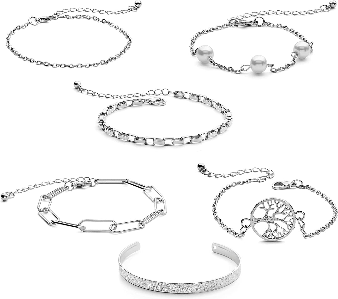 Pera Jewelry 14K Gold and Silver Plated Layered Bracelet Sets, 6 Pieces, Adjustable Layered Link Bracelets Sets, Dainty Link Paperclip Choker Bracelet Cuban Curb Figaro Link Bracelet Sets with Gift Box