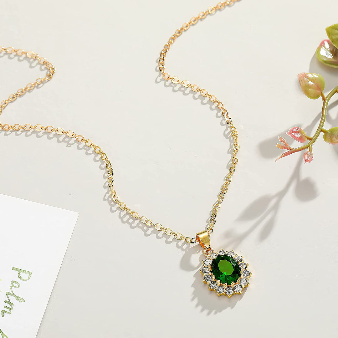 14K Yellow Gold Plated Green Simulated Emerald and White Diamond Pendant Necklace For Women, Oval Created Emerald and Diamond Pendant Chain Necklaces Micro-set Pendant Necklace