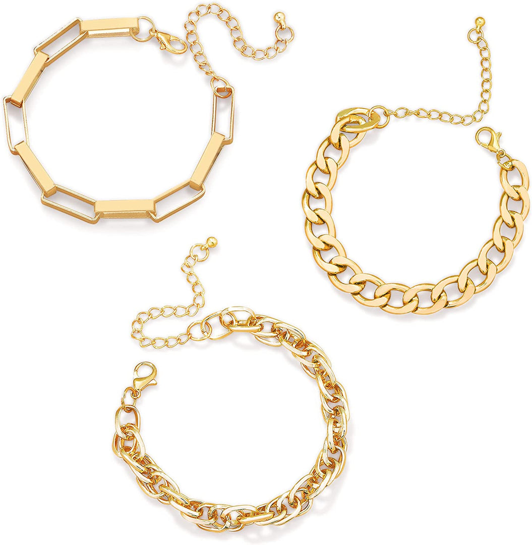 Pera Jewelry 14K Gold and Silver Plated Layered Bracelet Sets, 3 Pieces, Adjustable Layered Link Bracelets Sets, Dainty Link Paperclip Choker Bracelet Cuban Curb Figaro Link Bracelet Sets with Gift Box