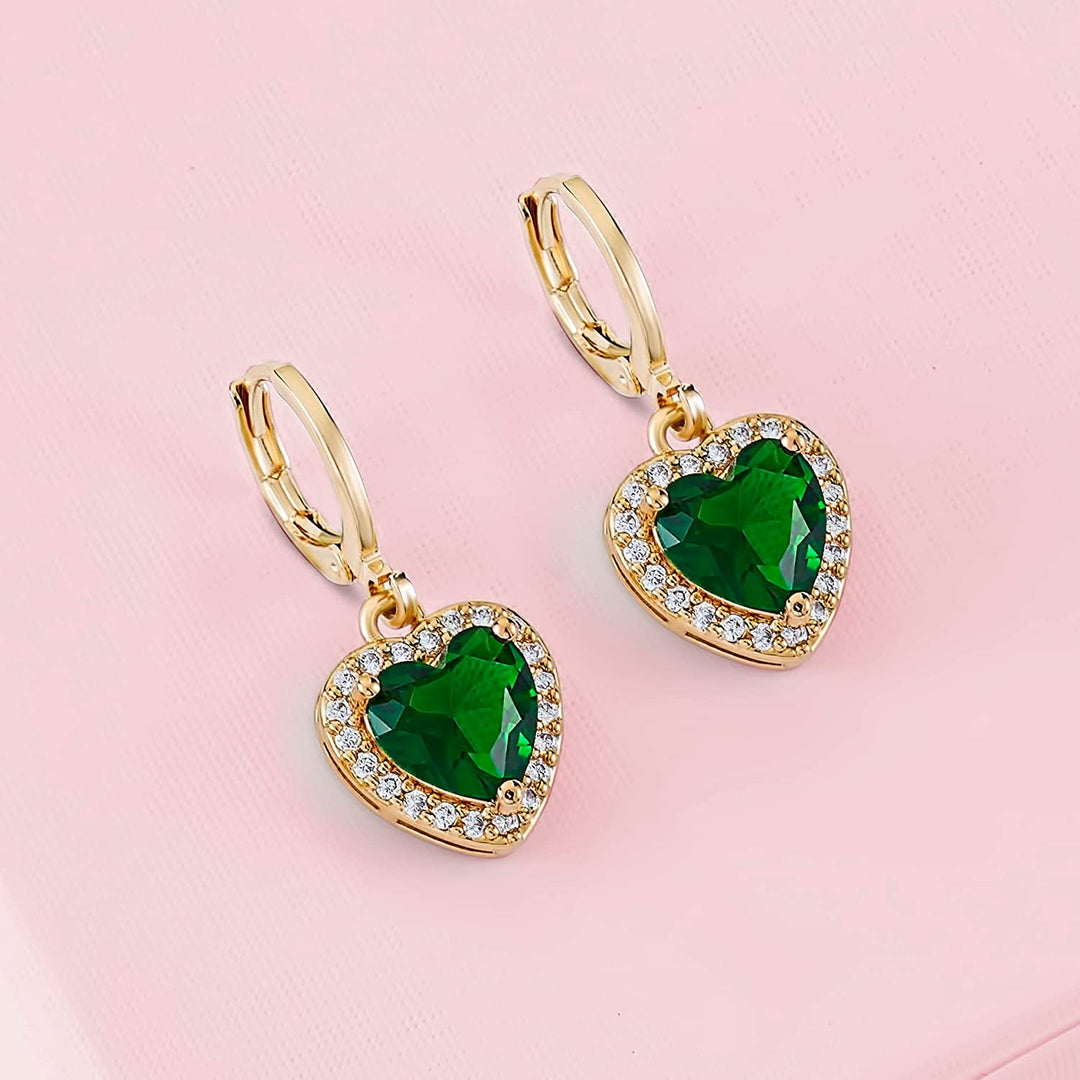Pera Jewelry 14K Gold Plated Heart Shaped Earrings, Simulated Emerald and White Diamond Drop Earrings, Cubic Zirconia Dangle Earrings for Women with Gift Box | Minimalist, Tiny Dainty Earrings