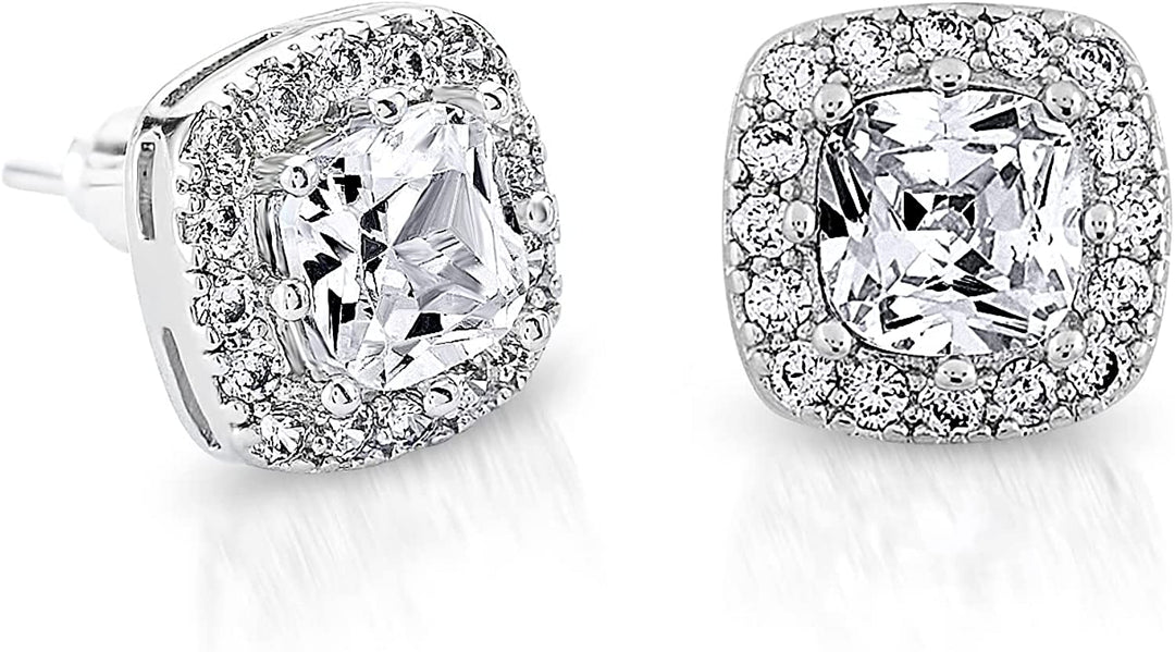 Pera Jewelry Sterling Silver Plated Cubic Zirconia Cushion Cutting Stud Earrings, Simulated Diamond Cz Stud Earrings for Women with Gift Box | Minimalist, Tiny Dainty Earrings