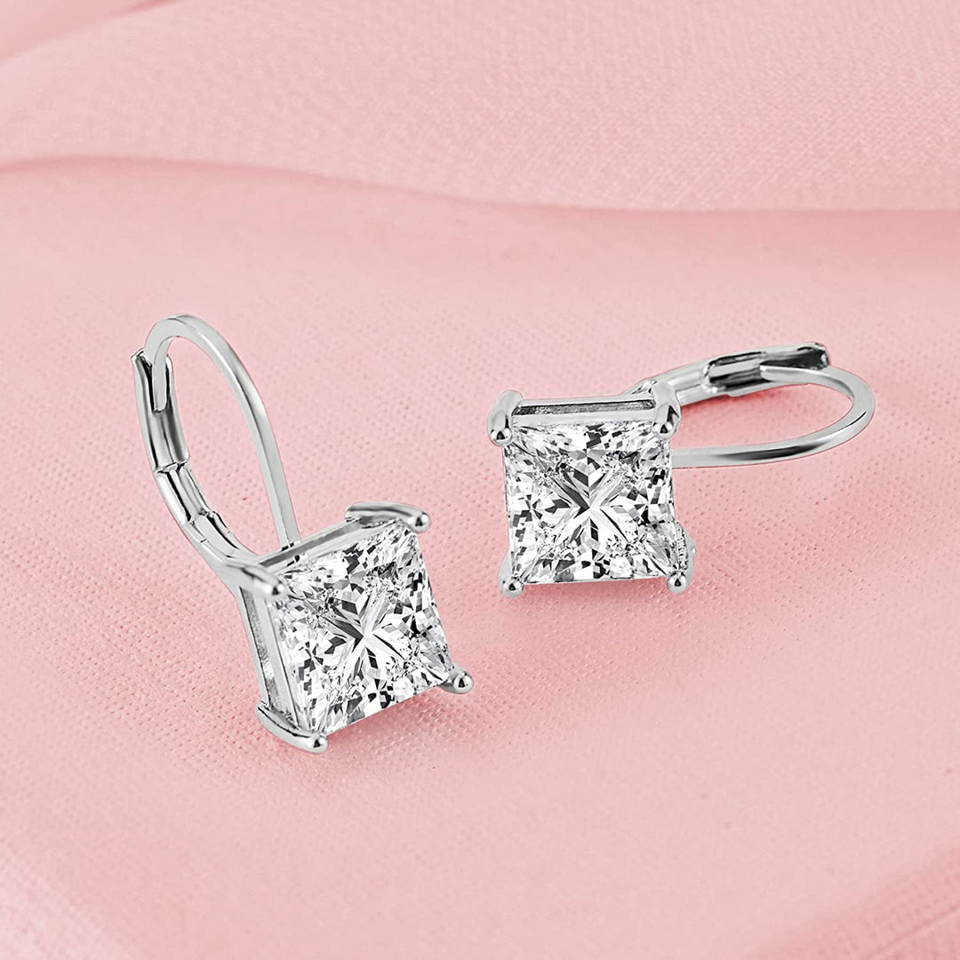 Pera Jewelry Sterling Silver Plated Princess Cut Cubic Zirconia Drop Earrings, Dangle Statement 4 Prong Cz Earrings for Women with Gift Box | Minimalist, Tiny Dainty Earrings