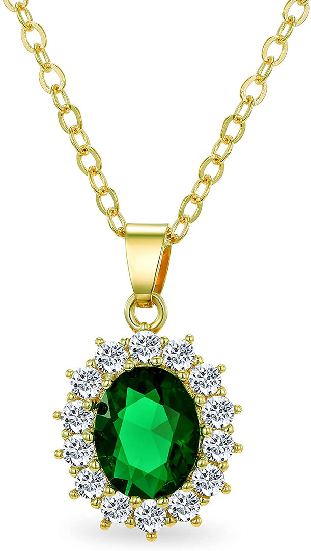 14K Yellow Gold Plated Green Simulated Emerald and White Diamond Pendant Necklace For Women, Oval Created Emerald and Diamond Pendant Chain Necklaces Micro-set Pendant Necklace