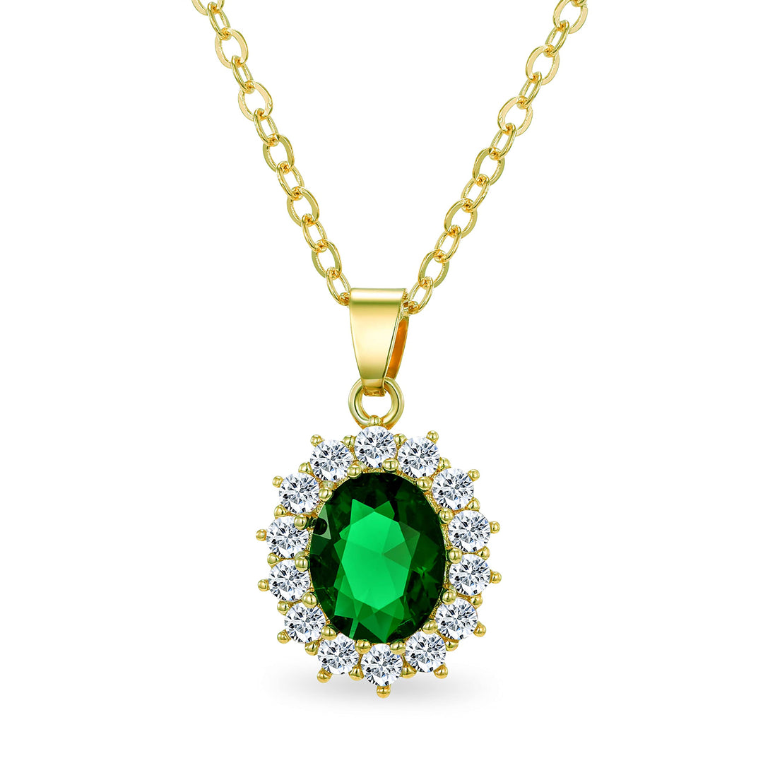 14K Yellow Gold Plated Green Simulated Emerald and White Diamond Pendant Necklace For Women, Oval Created Emerald and Diamond Pendant Chain Necklaces Micro-set Pendant Necklace