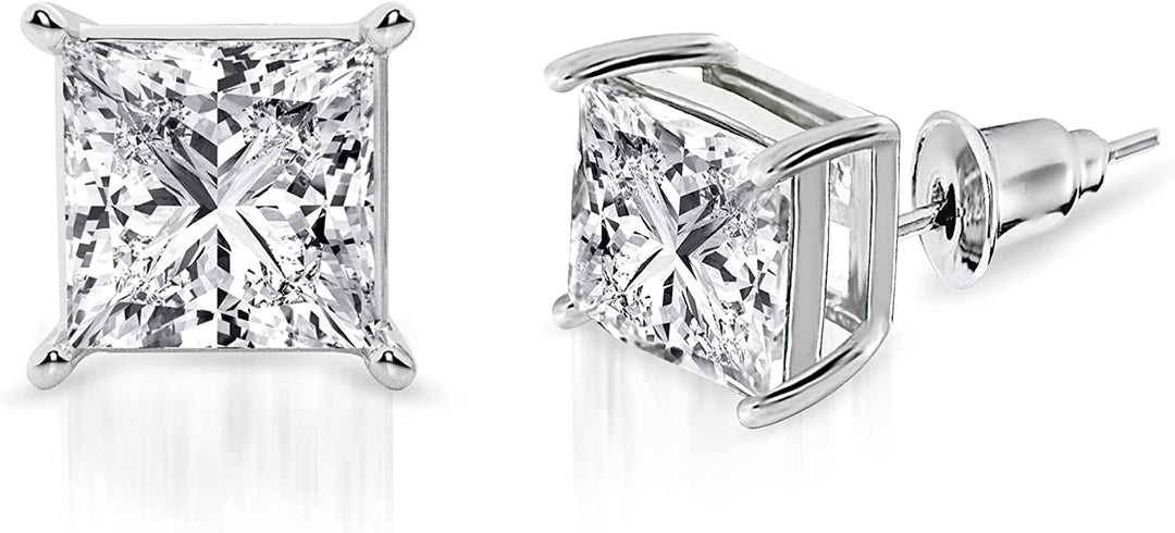 Pera Jewelry 925 Sterling Silver Plated Cubic Zirconia Stud Earrings, Princess Cubic Zirconia 4 Prong Stud Earrings, Square Cz Earrings for Women with Gift Box | Minimalist, Tiny Dainty Earrings