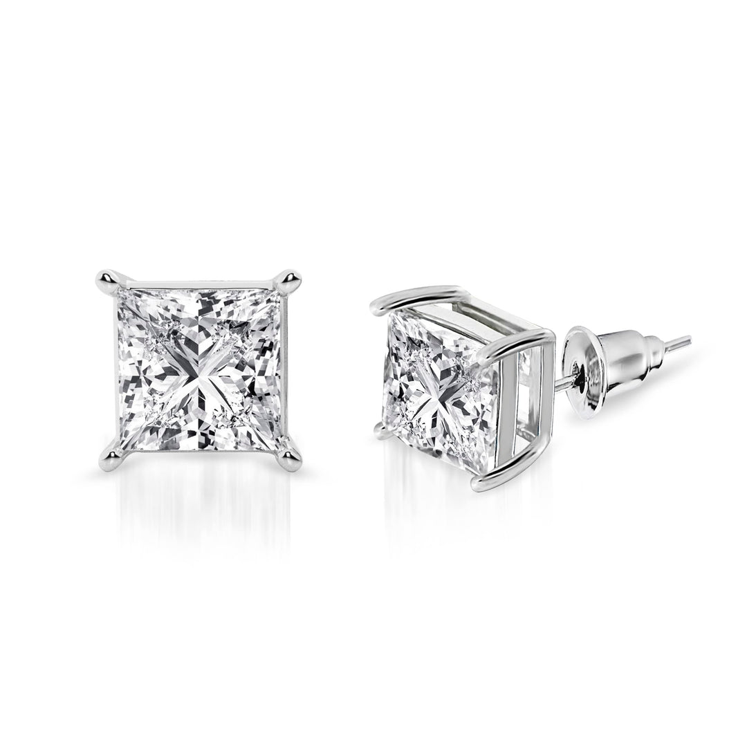 Pera Jewelry 925 Sterling Silver Plated Cubic Zirconia Stud Earrings, Princess Cubic Zirconia 4 Prong Stud Earrings, Square Cz Earrings for Women with Gift Box | Minimalist, Tiny Dainty Earrings