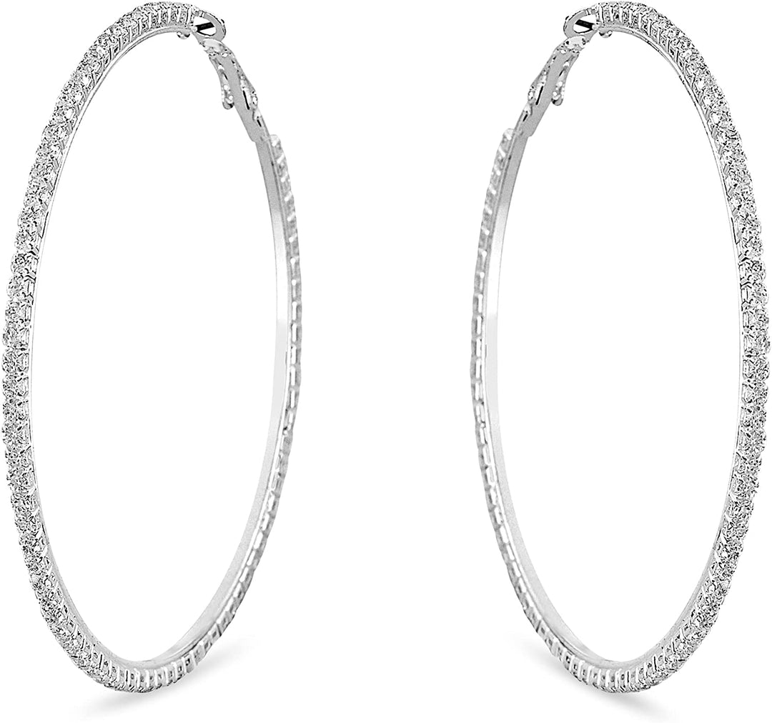 Pera Jewelry Silver Plated Simulated Diamond Cz Hoop Earrings, Exaggerated Big and Medium Size Circle Earrings for Women with Gift Box | Minimalist, Tiny Dainty Earrings Large