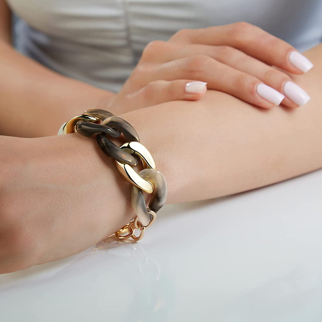 Pera Jewelry 14K Yellow Gold Plated Acrylic Paperclip Chain Bracelet, Thick Cuban Link Bracelets, Boho Oval Chain Link Bracelet Toggle Link Bracelets, Bold Link Chain Bracelets with Gift Box Gold - Black