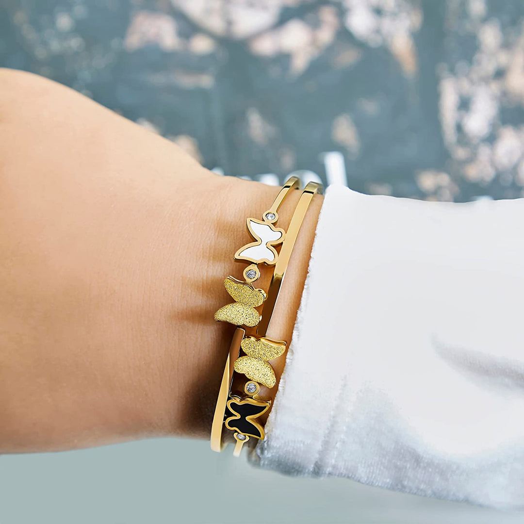 Pera Jewelry 14K Gold Plated Bangle Bracelet, Zirconia Simulate Diamond Bangle, Cuff Bracelets for Women with Gift Box, Buckled Nail Cuff Bold Bangle Bracelet