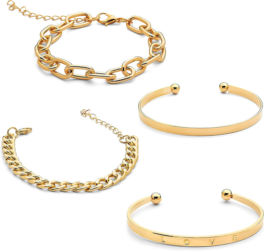 Pera Jewelry 14K Gold and Silver Plated Layered Bracelet Sets, 4 Pieces, Adjustable Layered Link Bracelets Sets, Dainty Link Paperclip Choker Bracelet Cuban Curb Figaro Link Bracelet Sets with Gift Box