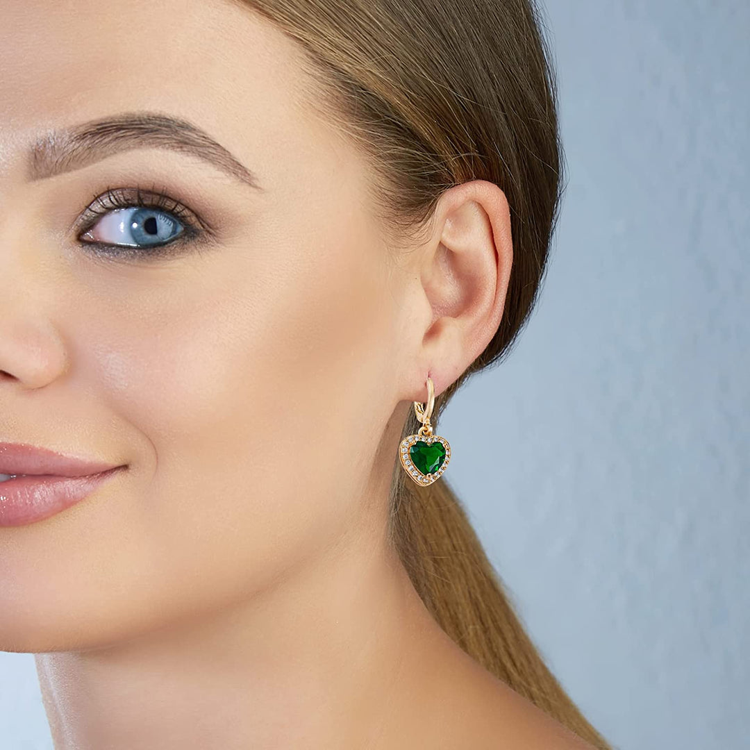 Pera Jewelry 14K Gold Plated Heart Shaped Earrings, Simulated Emerald and White Diamond Drop Earrings, Cubic Zirconia Dangle Earrings for Women with Gift Box | Minimalist, Tiny Dainty Earrings