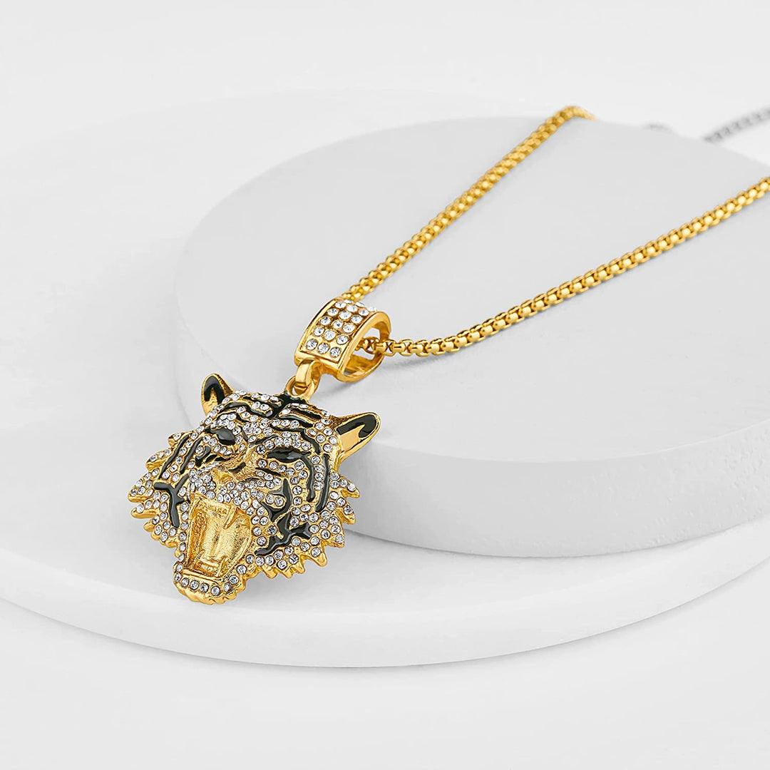 Tiger Head Pendant Chain Necklace 18K Gold Plated Tiger Pendant Hip Hop Rap Punk Rock Club CZ Diamond Necklaces Bengal Tiger Pendant