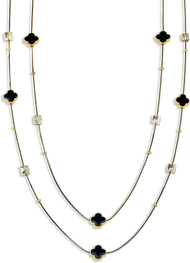 Pera Jewelry Flower Long Station Chain Layer Black Enamel Clover Necklace, Four Leaf Clover Necklace for Women, Four Leaf Layered Station Necklaces
