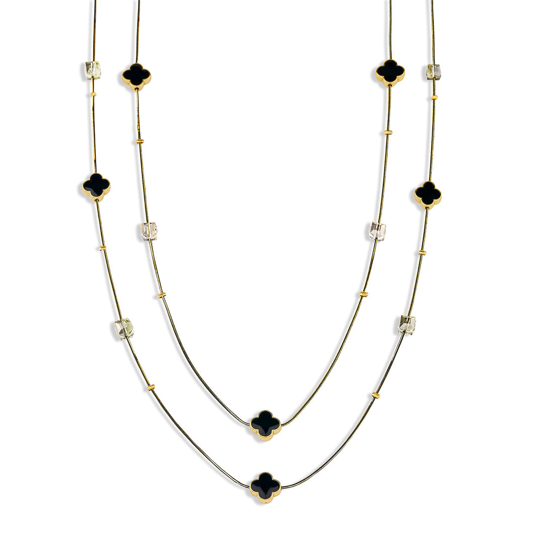 Pera Jewelry Flower Long Station Chain Layer Black Enamel Clover Necklace, Four Leaf Clover Necklace for Women, Four Leaf Layered Station Necklaces
