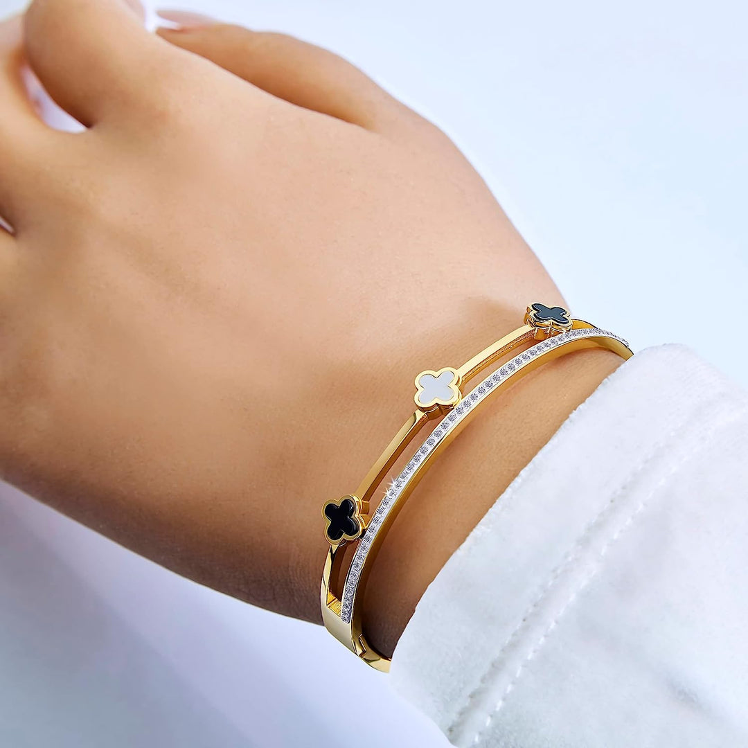 Pera Jewelry 14K Gold Plated Bangle Bracelet, Zirconia Simulate Diamond Bangle, Cuff Bracelets for Women with Gift Box, Buckled Nail Cuff Bold Bangle Bracelet