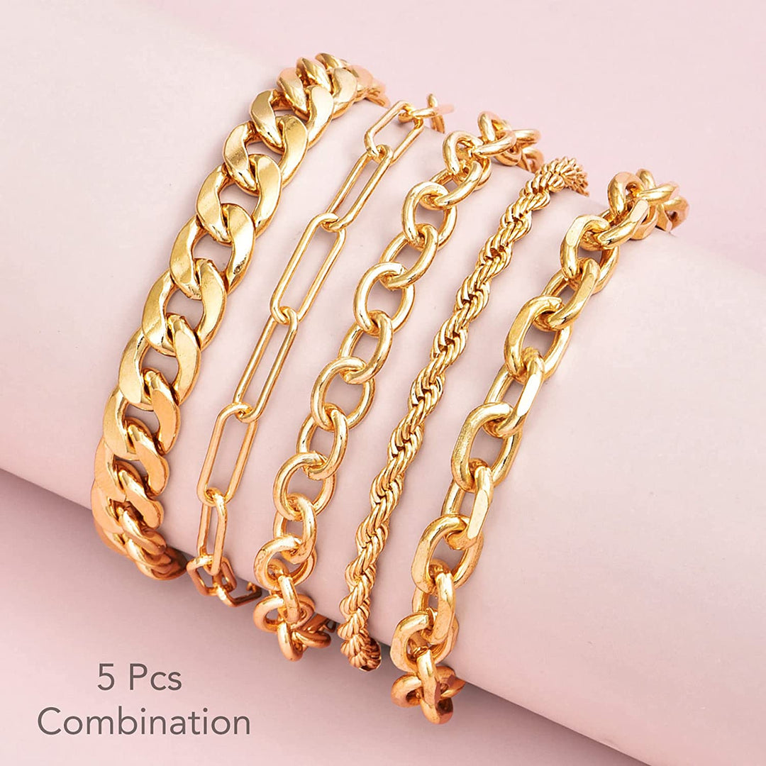 Pera Jewelry 14K Gold and Silver Plated Layered Bracelet Sets, 5 Pieces, Adjustable Layered Link Bracelets Sets, Dainty Link Paperclip Choker Bracelet Cuban Curb Figaro Link Bracelet Sets with Gift Box