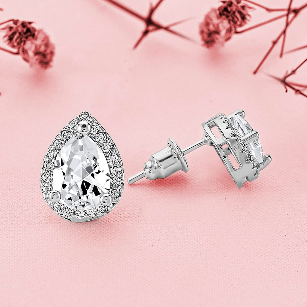 Pera Jewelry Sterling Silver Plated Cubic Zirconia Pear Cutting Stud Earrings, Pear-Shaped Simulated Diamond Cz Earrings for Women with Gift Box | Minimalist, Tiny Dainty Earrings