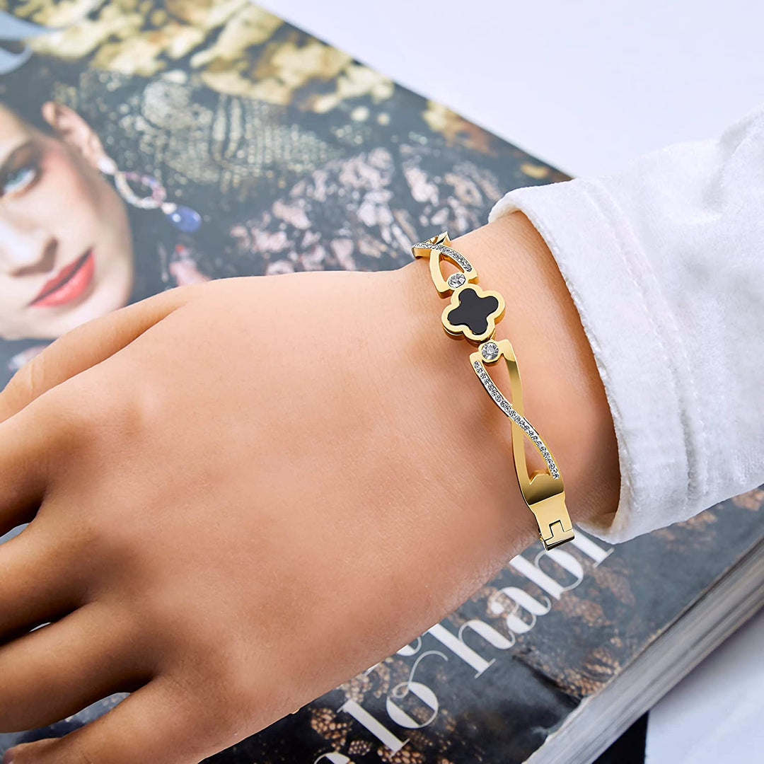 Pera Jewelry 14K Gold Plated Bangle Bracelet, Zirconia Simulate Diamond Bangle, Cuff Bracelets for Women with Gift Box, Buckled Nail Cuff Bold Bangle Bracelet