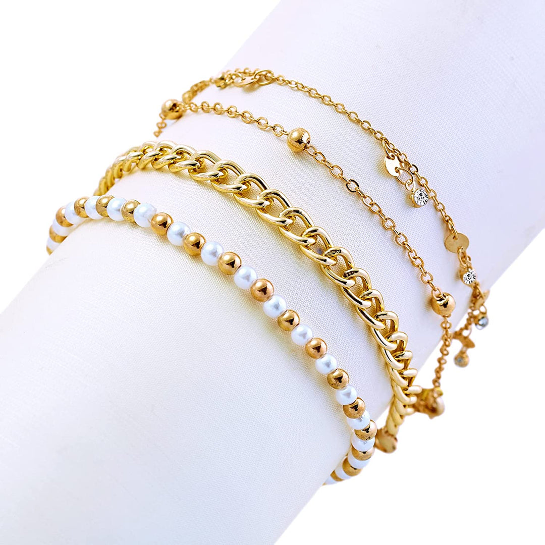 Pera Jewelry 14K Gold and Silver Plated Layered Bracelet Sets, 4 Pieces, Adjustable Layered Link Bracelets Sets, Dainty Link Paperclip Choker Bracelet Cuban Curb Figaro Link Bracelet Sets with Gift Box