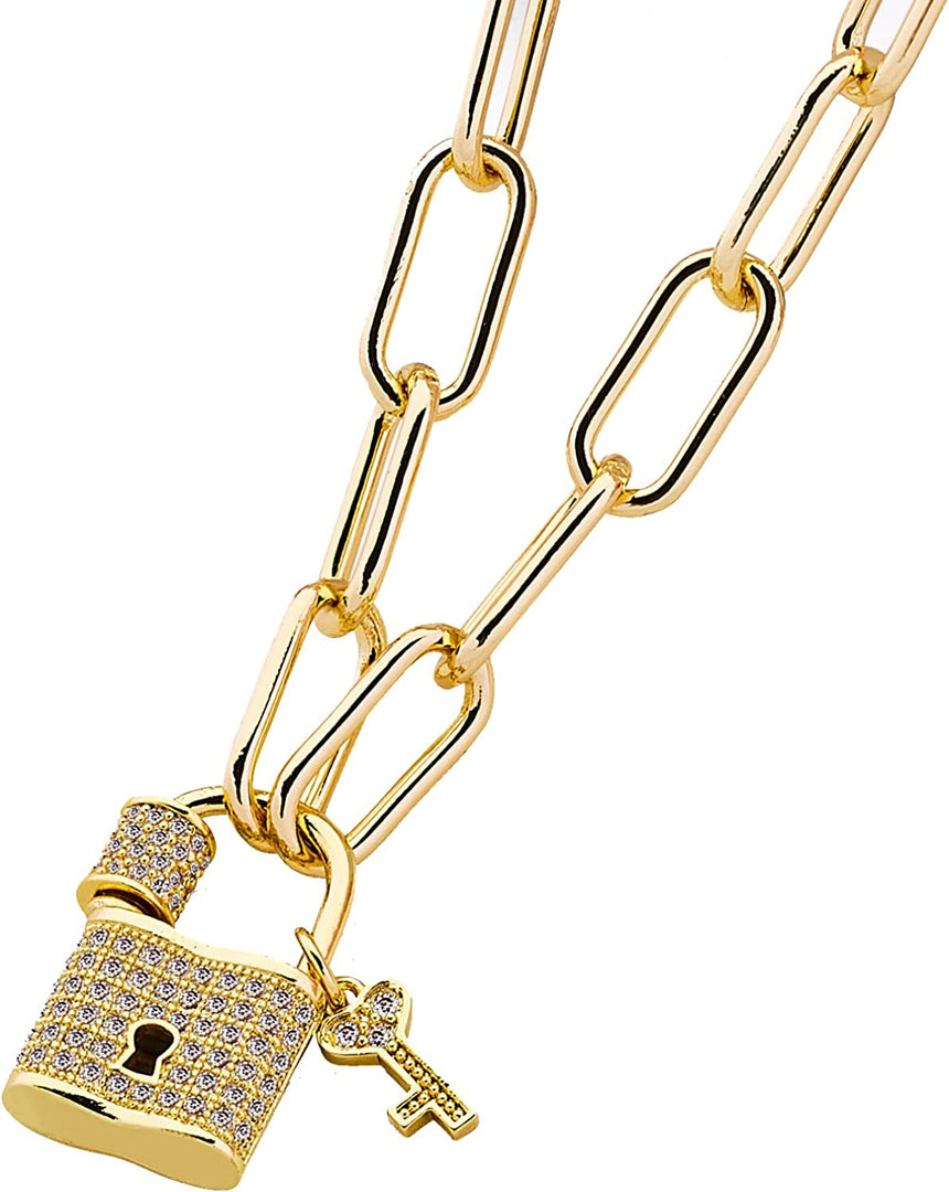 Pera Jewelry 14K Gold Plated Pendant Heart Lock & Key Necklace for Women with Gift Box | Adjustable Chain, Minimalist, Tiny Dainty Choker Necklaces Gold Plated Diamond Lock