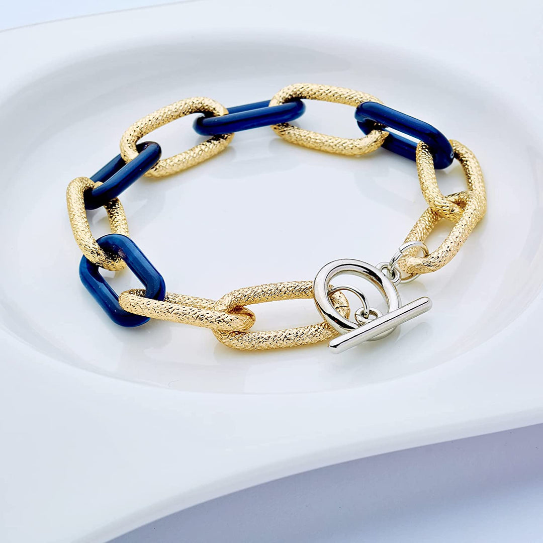 Pera Jewelry 14K Gold-Silver-Rose Gold Filled Twist Link Bracelet, Paperclip Oval Link Bracelet, Bold Chain Bracelets, Retro Style Chain Bracelet, Chunky T-Bar Bracelet with Gift Box Gold - Navy