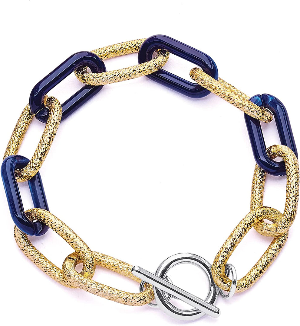 Pera Jewelry 14K Gold-Silver-Rose Gold Filled Twist Link Bracelet, Paperclip Oval Link Bracelet, Bold Chain Bracelets, Retro Style Chain Bracelet, Chunky T-Bar Bracelet with Gift Box Gold - Navy