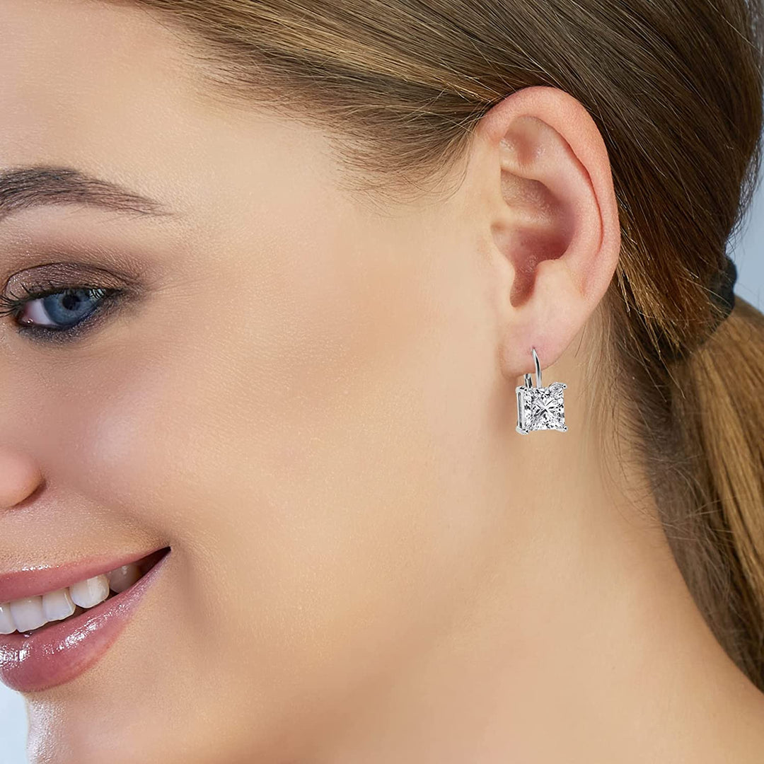 Pera Jewelry Sterling Silver Plated Princess Cut Cubic Zirconia Drop Earrings, Dangle Statement 4 Prong Cz Earrings for Women with Gift Box | Minimalist, Tiny Dainty Earrings