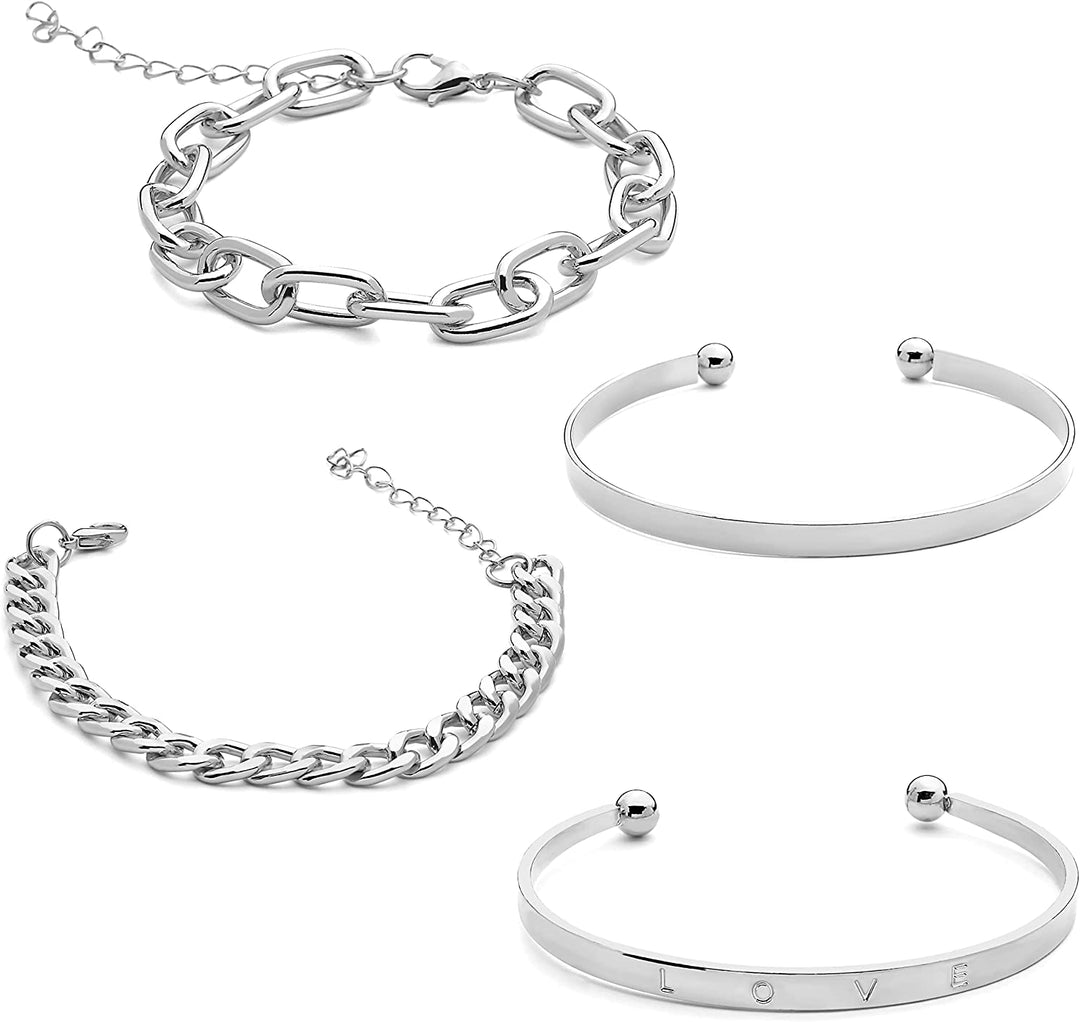 Pera Jewelry 14K Gold and Silver Plated Layered Bracelet Sets, 4 Pieces, Adjustable Layered Link Bracelets Sets, Dainty Link Paperclip Choker Bracelet Cuban Curb Figaro Link Bracelet Sets with Gift Box
