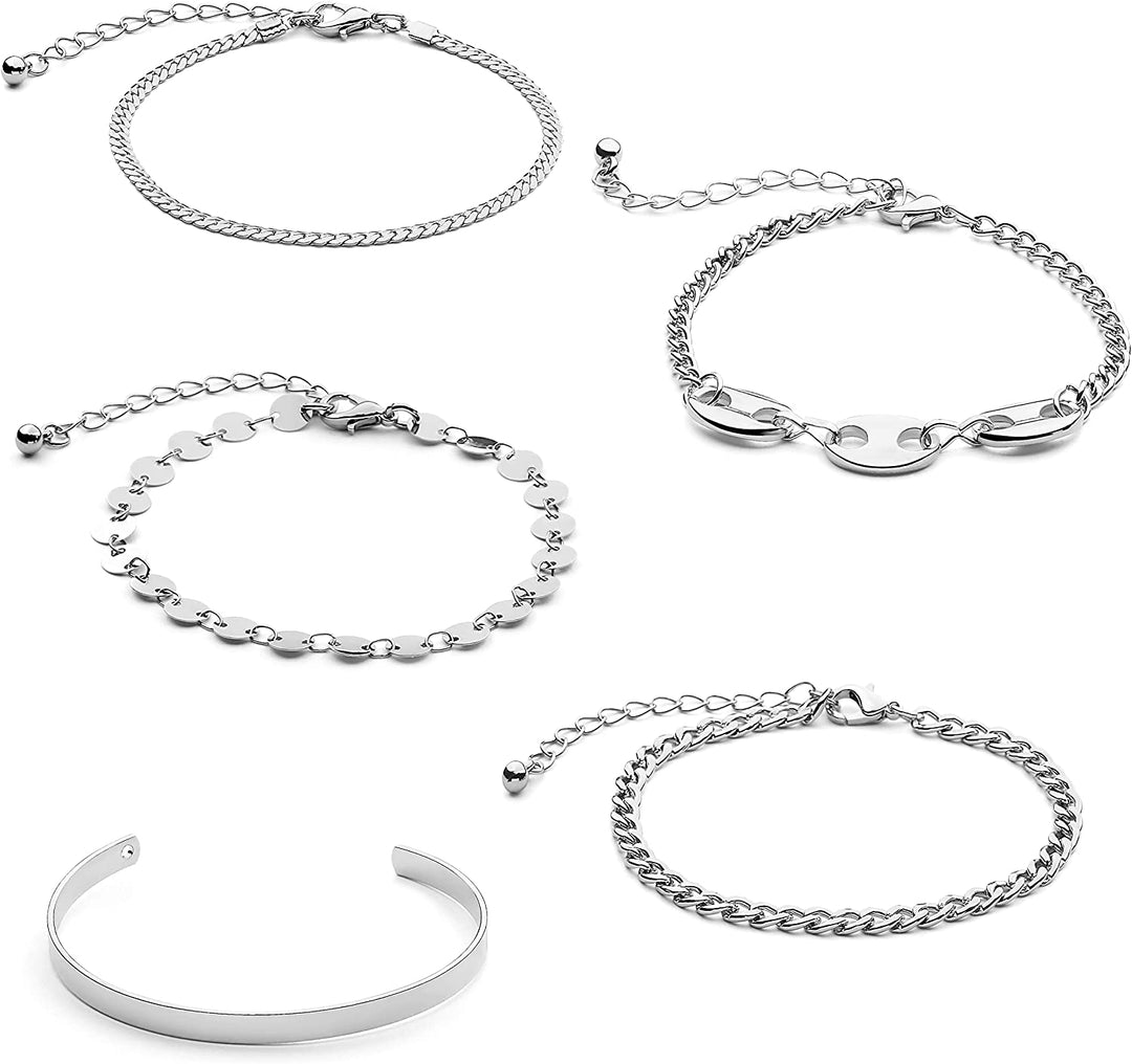 Pera Jewelry 14K Gold and Silver Plated Layered Bracelet Sets, 5 Pieces, Adjustable Layered Link Bracelets Sets, Dainty Link Paperclip Choker Bracelet Cuban Curb Figaro Link Bracelet Sets with Gift Box