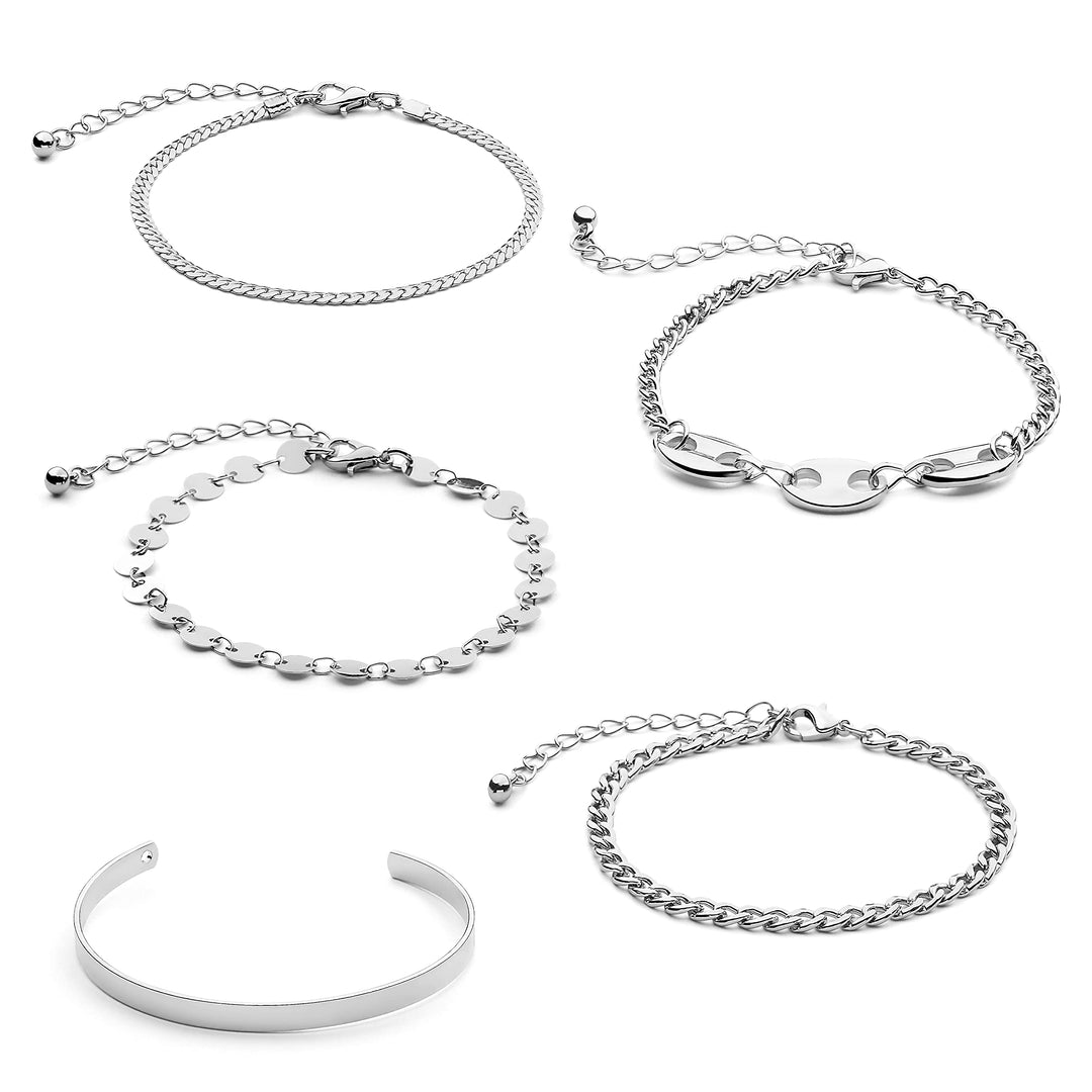 Pera Jewelry 14K Gold and Silver Plated Layered Bracelet Sets, 5 Pieces, Adjustable Layered Link Bracelets Sets, Dainty Link Paperclip Choker Bracelet Cuban Curb Figaro Link Bracelet Sets with Gift Box