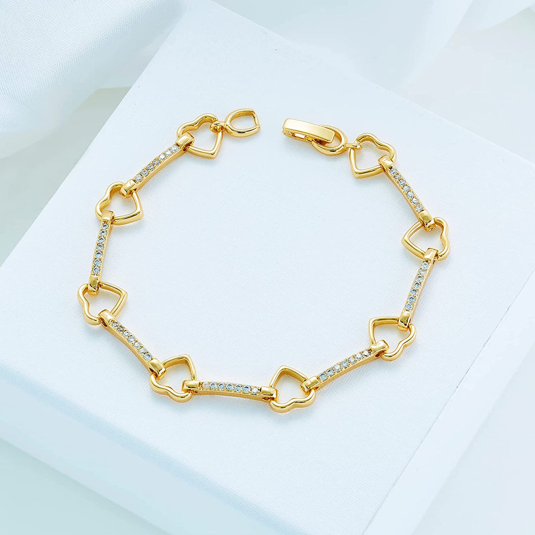 Pera Jewelry 14K Gold and Silver Plated Heart Charms Bracelet Heart Shape Link Bracelets, Zircon Heart Shaped Bracelet Heart Link Layered Chain Bracelet with Gift Box