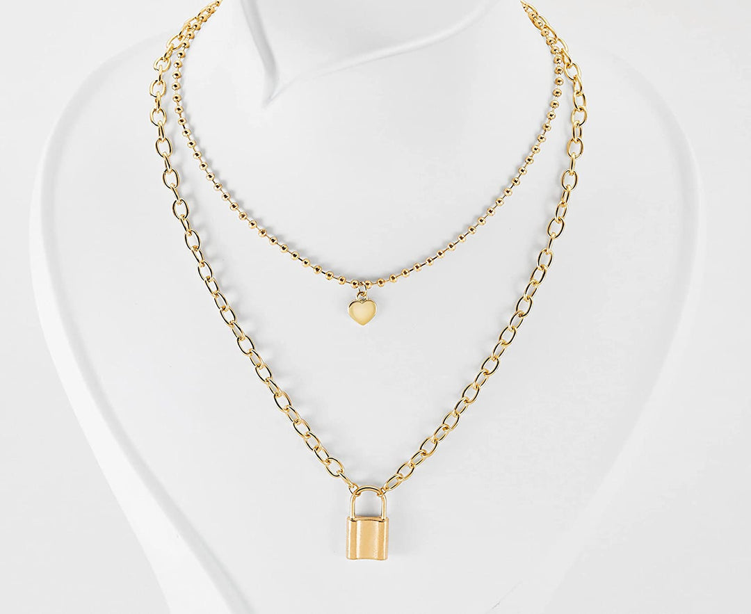 Pera Jewelry 14K Gold Plated Pendant Heart & Lock Necklace for Women with Gift Box | Adjustable Chain, Minimalist, Tiny Dainty Heart & Lock Choker Necklaces