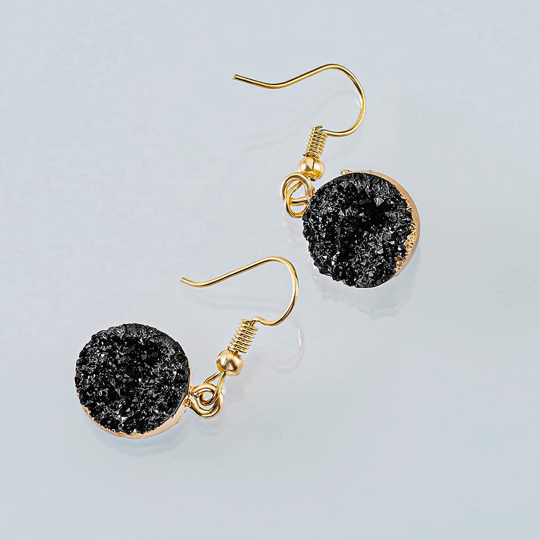 Pera Jewelry 14K Gold Plated Natural Stone Round Earrings, Wrap Dangle Drop Earrings for Women with Gift Box | Minimalist, Tiny Dainty Dangle Earrings Black