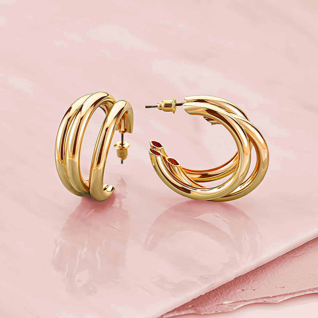 Pera Jewelry 14K Gold Plated Layered Hoop Earrings, Hypoallergenic Chunky Hoop Earrings for Women with Gift Box | Minimalist, Tiny Dainty Earrings