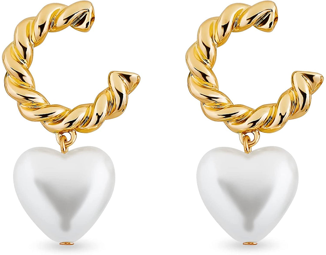 Pera Jewelry 14K Gold Plated Freshwater Cultured Pearl Earrings, C Shaped Dangle Pearl Earring, Heart Shaped Pearl Earrings for Women with Gift Box | Minimalist, Tiny Dainty Pearl Earrings